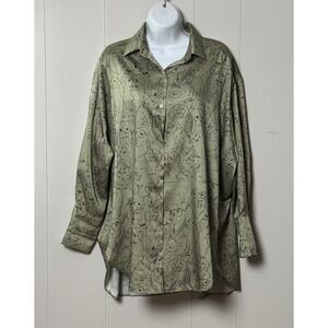 ZARA Women's Dog Print Oversized Button Down Shirt Sage Green Satin Blouse Sz XS